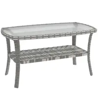 Outsunny Masă de grădină exterioară dreptunghiulară din ratan cu raft blat din sticlă securizată cu model ondulat 90x50x45 cm Gri închis | Aosom Romania