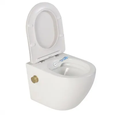 Vas wc suspendat cu functie bideu, semirotund, rimless, apa calda rece, capac soft close, baterie auriu mat Foglia Oslo