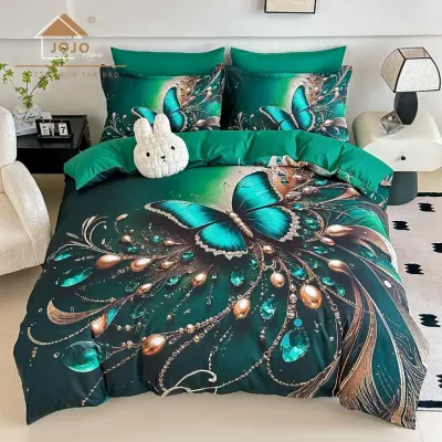 Lenjerie pat dublu, FINET, Imprimeu Digital 5D - Identic cu poza, Cu ELASTIC, 6 piese, Jojo Home, Verde, Fluture