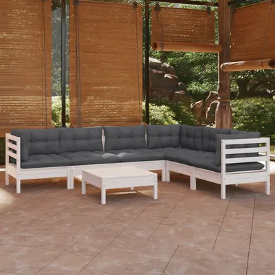 Gossi set mobilier de gradina cu perne, 7 piese, alb, lemn masiv pin