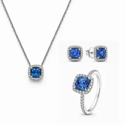 Set bijuterii Inel,Cercei si Colier Blue Cu Argint