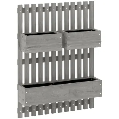 Outsunny Jardinieră murală tip grădină cu 3 bazine din lemn masiv detașabile, țesătură nețesută, 60 x 16 x 80 cm gri | Aosom Romania