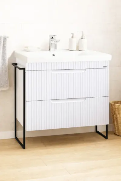 Set Baza front MDF si Lavoar seria 733, cadru metalic, cu sertare, montata, 80 cm, alb rustic