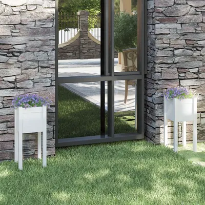 Gossi jardiniere de gradina, 2 buc., alb, 31x31x70 cm, lemn masiv pin