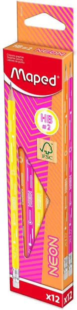 Set de creioane grafit cu radieră Maped Neon - HB, 12 buc