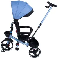 Tricicleta pentru copii KidsCare Impera Albastru pliabila, scaun rotativ, copertina de soare, maner pentru parinti, roti din cauciuc, dispozitiv de franare, suport pentru pahar si cos depozitare jucarii