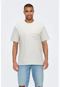 Tricou de bumbac organic cu imprimeu text - Albastru pastel/Galben sofran/Alb optic