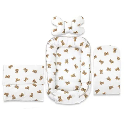 Set 4 in 1 Cosulet bebelus, Qmini, Baby Cocoon 75x55 cm, Din bumbac certificat Oeko Tex Standard 100, Cu paturica, Cu salteluta, Cu perna fluture, Teddy Toys