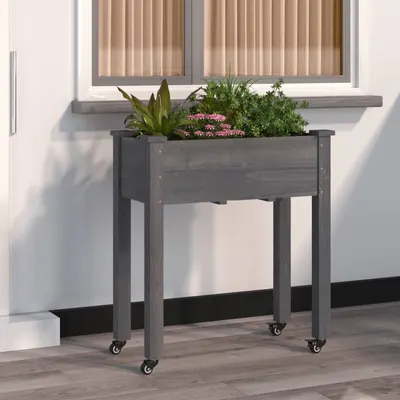Gossi jardiniera pe roti cu captuseala gri 71x37x80cm lemn masiv brad