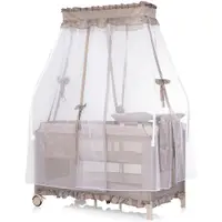 Patut pliabil pentru copii Chipolino Palace Latte cu doua nivele, saltea de infasat, baldachin, roti, geanta pentru transport, buzunar si intrare laterala