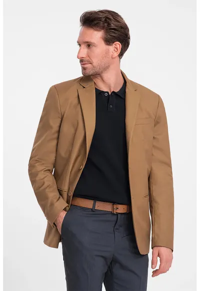 Sacou elegant regular fit cu buzunare cu refilet - Caramel