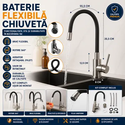 Baterie flexibila pentru chiuveta bucatarie, Rotire 360 grade, Inaltime reglabila, Silicon, Otel, PVC