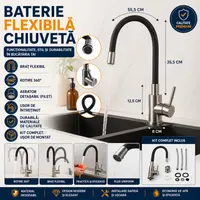 Baterie flexibila pentru chiuveta bucatarie, Rotire 360 grade, Inaltime reglabila, Silicon, Otel, PVC