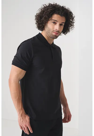 Tricou de bumbac cu decolteu polo - Negru