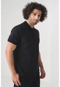 Tricou de bumbac cu decolteu polo - Negru