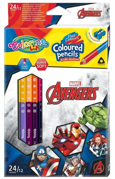 Creioane colorate cu două capete Colorino – Marvel Avengers, 12 culori și ascuțitoare