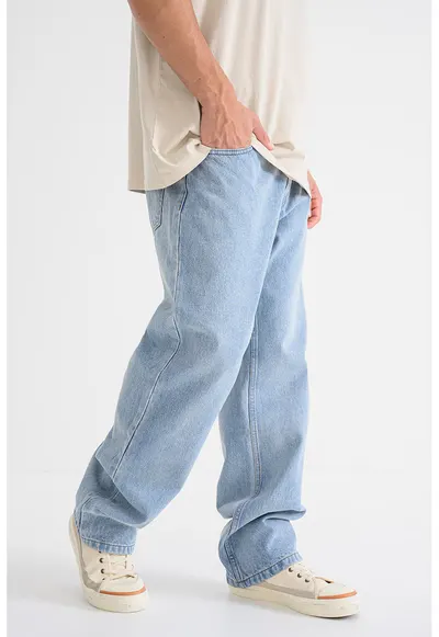 Blugi relaxed-fit din bumbac cu talie medie - Albastru deschis