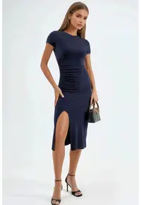 Rochie midi - maneca scurta - detaliata - jerseu - Bleumarin