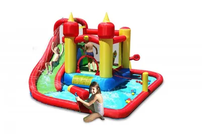 Saltea gonflabila Splash Funland cu tobogan, tun cu apa, spatiu de catarat, loc de joaca cu bile si darts