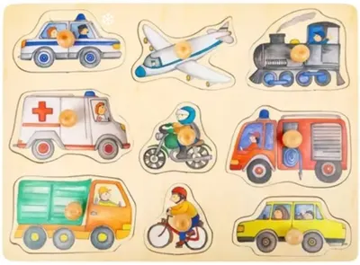 Puzzle din lemn cu manere Small Foot - Vehicule, 9 piese