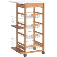HOMCOM Cărucior de Bucătărie din Lemn Maro, Suport Alimente, 1 Sertar, 4 Coșuri Metalice, MDF, Lemn de Pin, Metal, 47x37x83cm | Aosom Romania