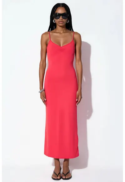 Rochie midi - rochie tip furou - decolteu in V - rosu - jerseu de lycra