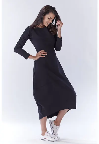 Rochie midi tip balloon din bumbac streetwear cu maneci lungi - - Negru