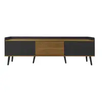 Comodă TV cu 3 uși, picioare din lemn și margine înaltă, 160x39x49,5 cm, Culoare naturală+Negru