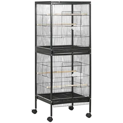 PawHut Colivie pentru Păsări cu 4 Roți Pivotante, Tăvi Detașabile și Recipiente din Plastic, 51.5x50x140 cm, Negru | Aosom Romania