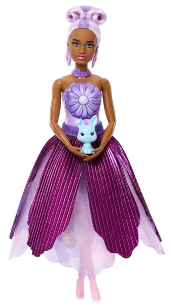 Păpușă Barbie Petal Pop - Barbie cu surpriză, rochie cu margaretă mov, 30 cm