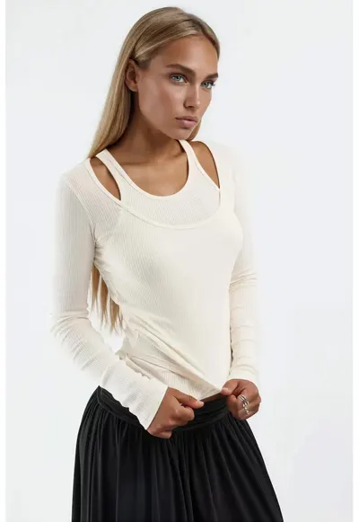 Bluza dama - Guler in U - Alb - Bumbac