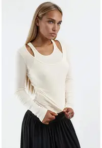 Bluza dama - Guler in U - Alb - Bumbac