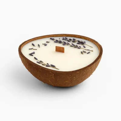 Lumânare parfumată din ceară de soia în bol de nucă de cocos – Lavandă & Vanilie | Fitil din lemn, lavandă - Default Title