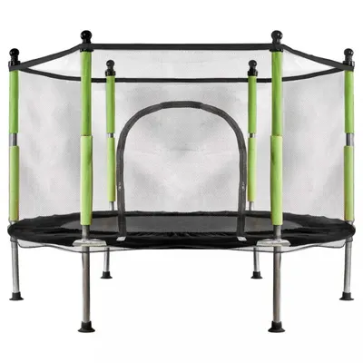 Trambulina de gradina pentru copii Ikonka BlackGreen, diametru 140 cm, cadru metalic solid, cu plasa de siguranta si intrare cu fermoar, 10 bilute multicolore incluse
