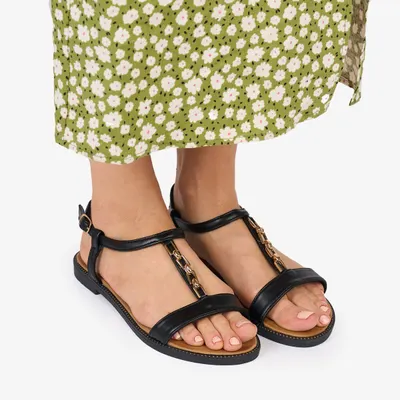 Sandale Dama Piele Ecolgica cu Detaliu Auriu Crl1028 Culoare: Negru