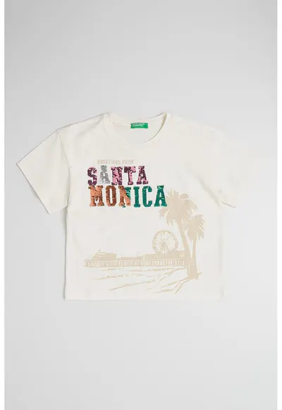 Tricou de bumbac cu aplicatii de paiete - Verde/Alb fildes