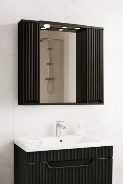 Dulap baie suspendat seria 033 cu oglinda, front MDF, montat, negru, 80x71 cm
