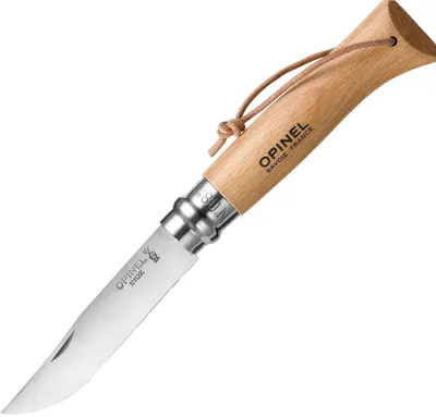 Cuțit pliabil Opinel Inox - №8, fag, cu curea din piele