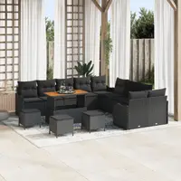 Set de canapele pentru gradina Gossi 14 piese cu perne negru poliratan acacia, canapea de gradina Gossi cu 2 locuri cu depozitare si perne negru poliratan, set de dining pentru gradina Gossi 4 piese cu perne negru poliratan acacia
