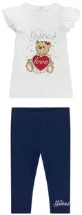 Set de 2 piese Guess - Bluza cu volane și colanți cu inscripție, alb, 12 luni