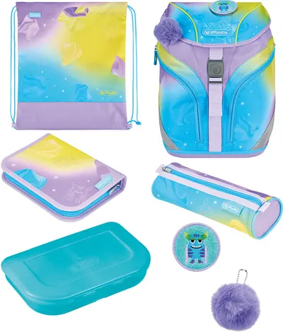 Set școlar Herlitz SoftLight Plus - Little Monster, rucsac, două penare, săculeț și cutie pentru mâncare