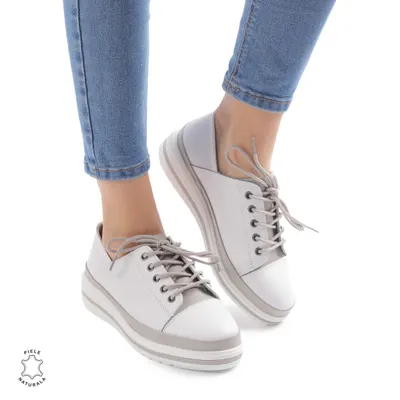 Pantofi casual piele naturala CRL877 ALB CU GRI