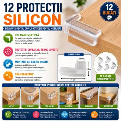 Set 12 Protectie de colt din silicon, transparent, 4x4cm