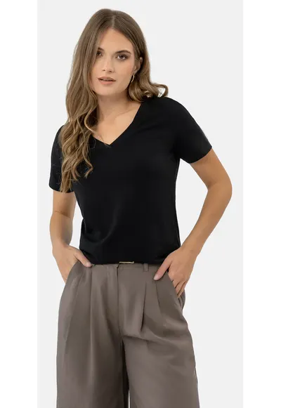 Tricou dama din bumbac - maneca scurta - decolteu in V - Ragular Fit - uni - T-Lea - negru - Negru