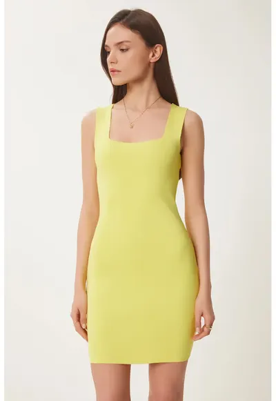 Rochie mini mulata Happiness Istanbul - galben chihlimbar - bodycon - guler patrat - 100% poliester
