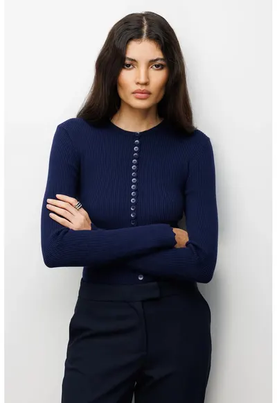 Cardigan tricotat cu nasturi albastru marin - poliester - maneci lungi