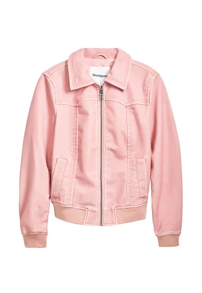 Jacheta din piele ecologica cu buzunare oblice - Roz pastel