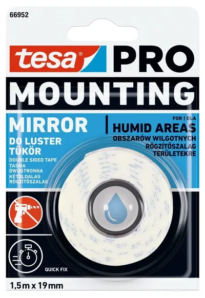 Bandă dublu adezivă Tesa - Pro Mounting, pentru oglinzi, 1.5 m x 19 mm, alba