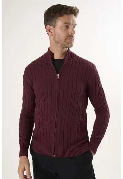Cardigan uni de bumbac cu fermoar - Visiniu