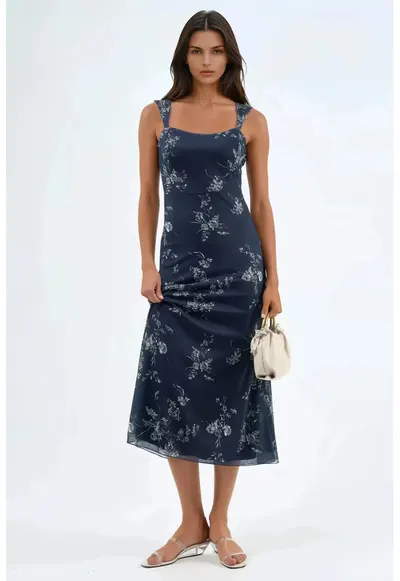 Rochie Midi - Florala - cu Guler Inima - Albastru - poliester/elastan